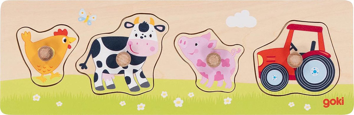 Goki steekpuzzel - op de boerderij - 4 delen - 30x10x2,4cm - hout - 1+