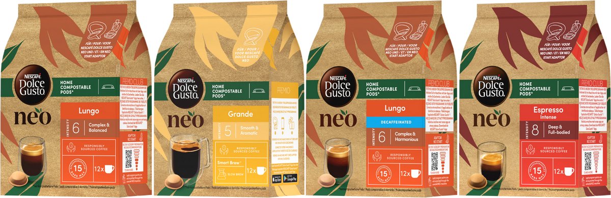 Pacchetto Nescafé dolce gusto neo cialde caffè mix (lungo, lungo decaffeinato, espresso intenso e grande) - 4x12 cialde per 48 tazze di caffè