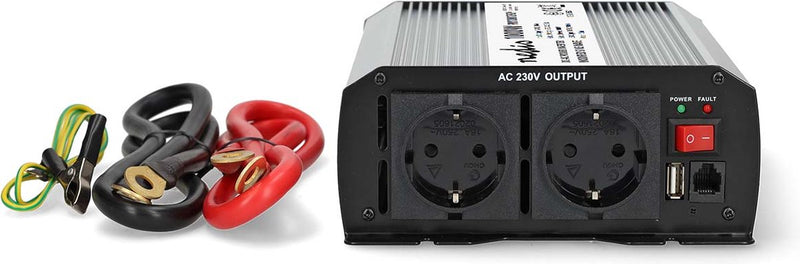 Inversor de coche Nedis 1000w – 12v 230v – 2x enchufe 1x puerto de carga USB – onda sinusoidal modificada – convertidor de voltaje