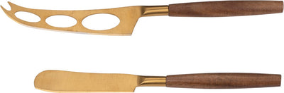 Juego de cuchillos para queso Alpina de 2 piezas - Juego de cuchillos para queso con hojas doradas y mango de madera - Cuchillo para quesos blandos y duros - Juego de cuchillos para queso para bebidas o tabla de quesos