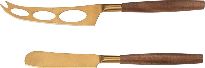 Juego de cuchillos para queso Alpina de 2 piezas - Juego de cuchillos para queso con hojas doradas y mango de madera - Cuchillo para quesos blandos y duros - Juego de cuchillos para queso para bebidas o tabla de quesos