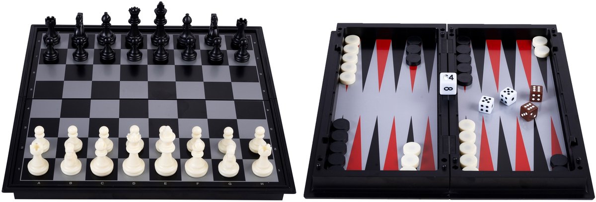 Engelhart reisspel schaak backgammon 24 cm – magnetisch opklapbaar – inclusief opbergcompartiment – koning 50 mm –