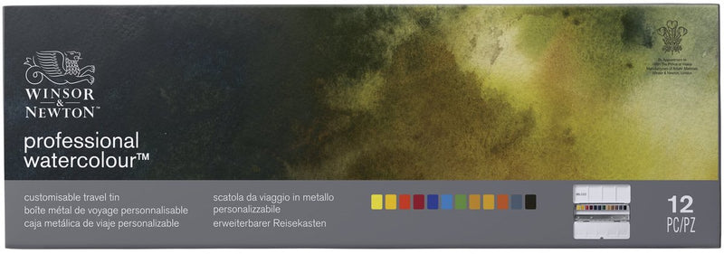 Winsor Newton 0193548 Set de acuarela profesional - 12 medios recipientes en carro de viaje personalizable, pintura de acuarela de alta calidad