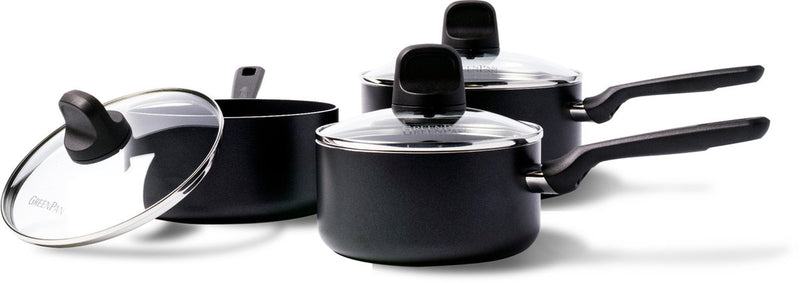 Greenpan Memphis set di padelle 6 pezzi - 16 18 20 cm - 1,6 2,1 3,1 l - rivestimento antiaderente senza pfas - pentola a induzione - padella in ceramica - resistente al forno fino a 160°C - maniglie fredde - con coperchio in vetro - nero