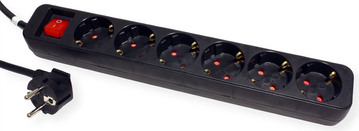 Roline 6-way socket with switch, black, 6 m