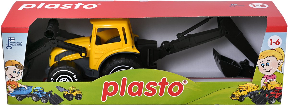 Plasto tractor with front loader and excavator arm yellow 57 cm - toy vehicle - backhoe - excavator arm - large tractor - BPA-free - made in Finland - from 1 year