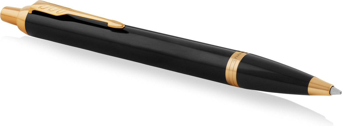 Parker im penna a sfera | lacca nera con dettagli oro | punta media con inchiostro blu | confezione regalo