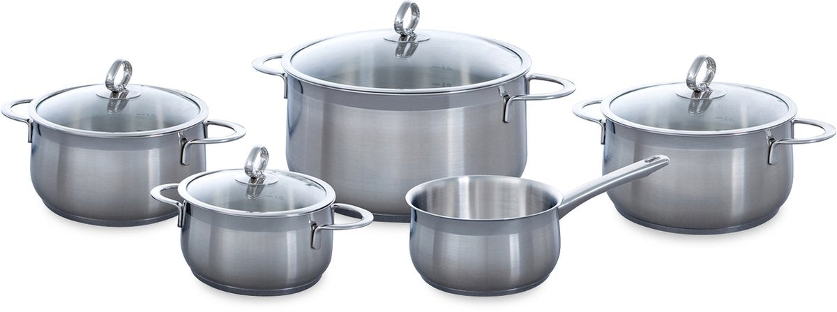Bk excellent rvs kookpannenset 5 delig - ø16cm tot ø24cm - inductie pannenset - vaatwasserbestendig - ovenbestendig tot 230° - met deksels - maatverdeling - zilver
