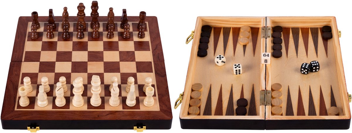 Engelhart set di scacchi pieghevoli per backgammon – scacchiera in legno e tavola per backgammon in legno di frassino – tabellone da gioco 30 x 30 x 5,5 cm – set da gioco portatile da viaggio di lusso – 2 giochi in 1 –