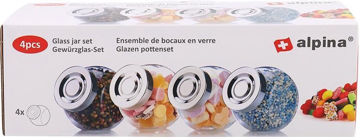 Alpino | tarros de cristal con tapa | set van 4 glazen potjes met deksel | tarros de especias | tarros de dulces |