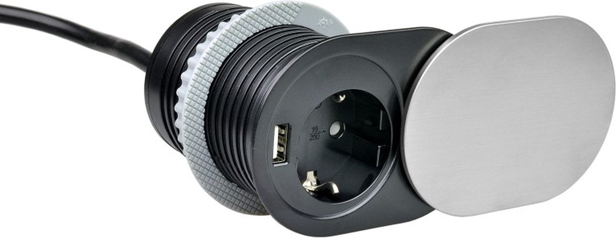 D light design light slidebox - stekkerdoos - verdeeldoos met 1 stopcontact - verdeelstekker met usb a - inbouw stekkerblok met 1.9 meter kabel - zilver