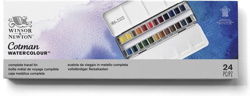 Winsor Newton 0390645 Cotman Set di colori ad acquerello – Scatola per schizzi in metallo – 24 mezze padelle