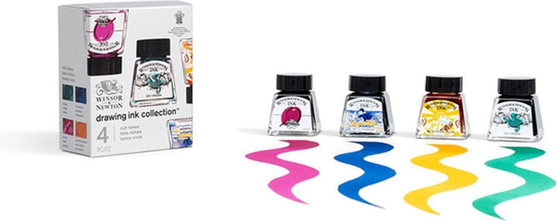 Winsor Newton 1090104 Set di inchiostri da disegno "Rich Tones" 4x14ml - Inchiostro trasparente ad asciugatura rapida per pennello, penna e aerografo - Collezione di inchiostri da disegno