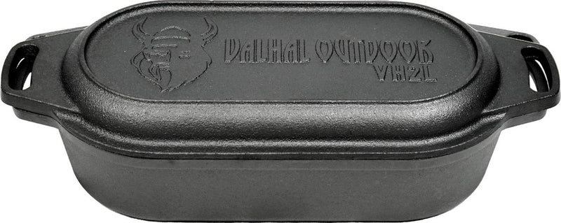 Valhal outdoor - cacerola doble sartén 2l - horno holandés pequeño, hierro fundido, ovalado, patrón de parrilla, vh2l