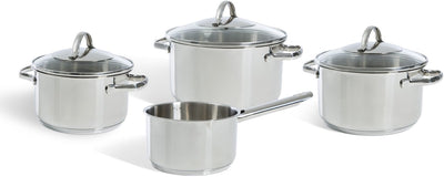 Bk essentials pannenset 4-delig - 16 18 20cm -zonder pfas-vrije antikleeflaag - pannenset inductie - inductie kookpan - rvs pannenset - ovenbestendig tot 230°c - met glazen deksel - zilver