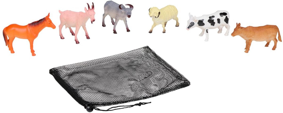 Eddy Toys set da gioco con animali della fattoria da 6 pezzi – set di animali con cavallo, mucca, pecora, capra, montone e toro – inclusa rete portaoggetti