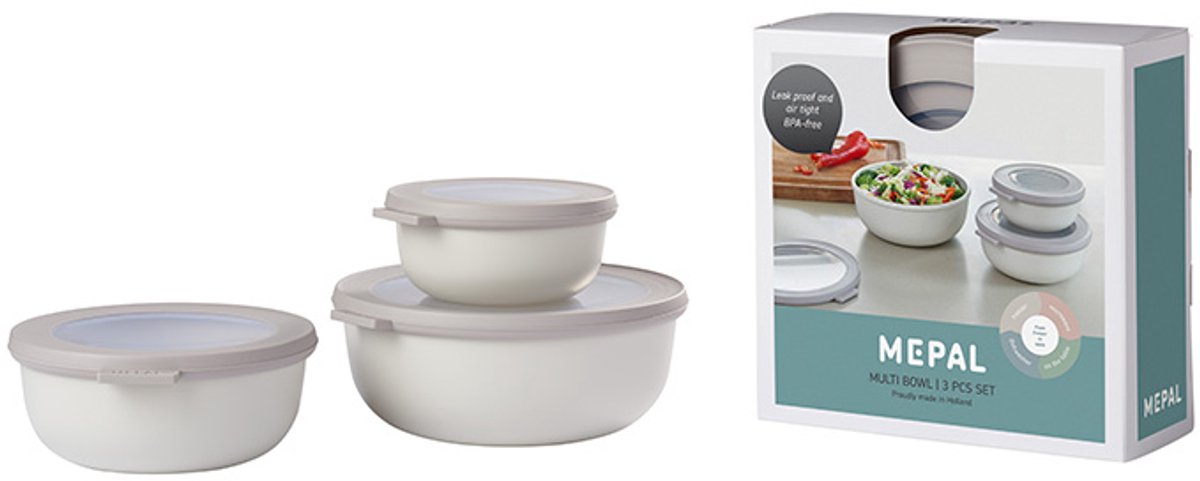 Mepal - set di contenitori per alimenti cirqula multiciotola - 350 + 750 + 1250 ml - rotondo - bianco nordico