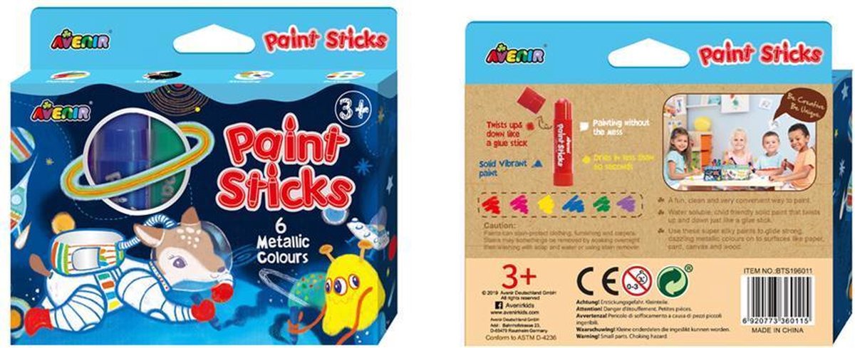 Avenir paint sticks: 6 metallic kleuren, in doos 14.8x2.4cm, 3+