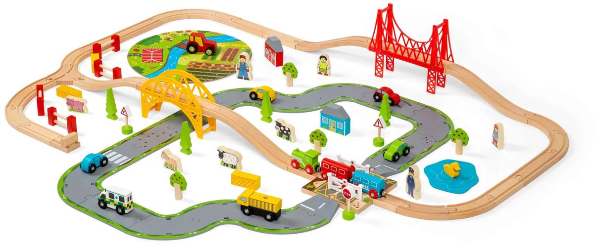 Bigjigs Wooden Road and Train Set Countryside, 80dlg.