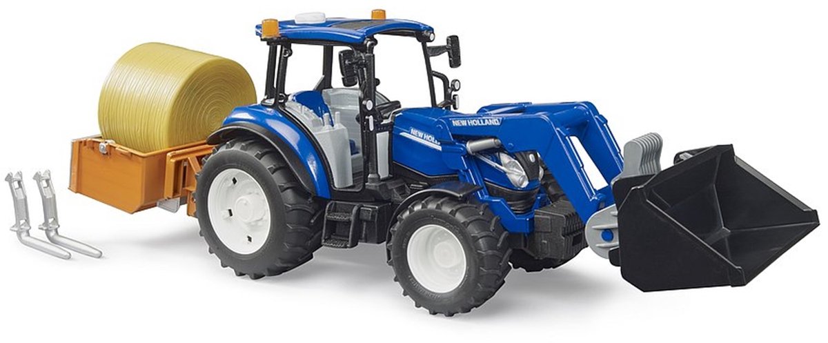 Bruder new holland t5.120 + cargador frontal, cazo, horquillas + pacas redondas 1:16