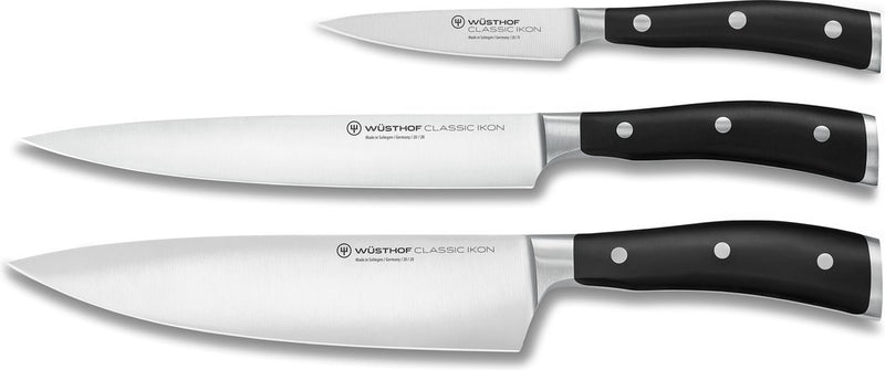 Wusthof wüsthof classic ikon juego de cuchillos - juego de 3 piezas (cuchillo de chef de 20 cm, cuchillo de trinchar de 20 cm, cuchillo de oficina de 9 cm) - acero inoxidable forjado - mango ergonómico remachado - ideal para uso profesional y doméstico