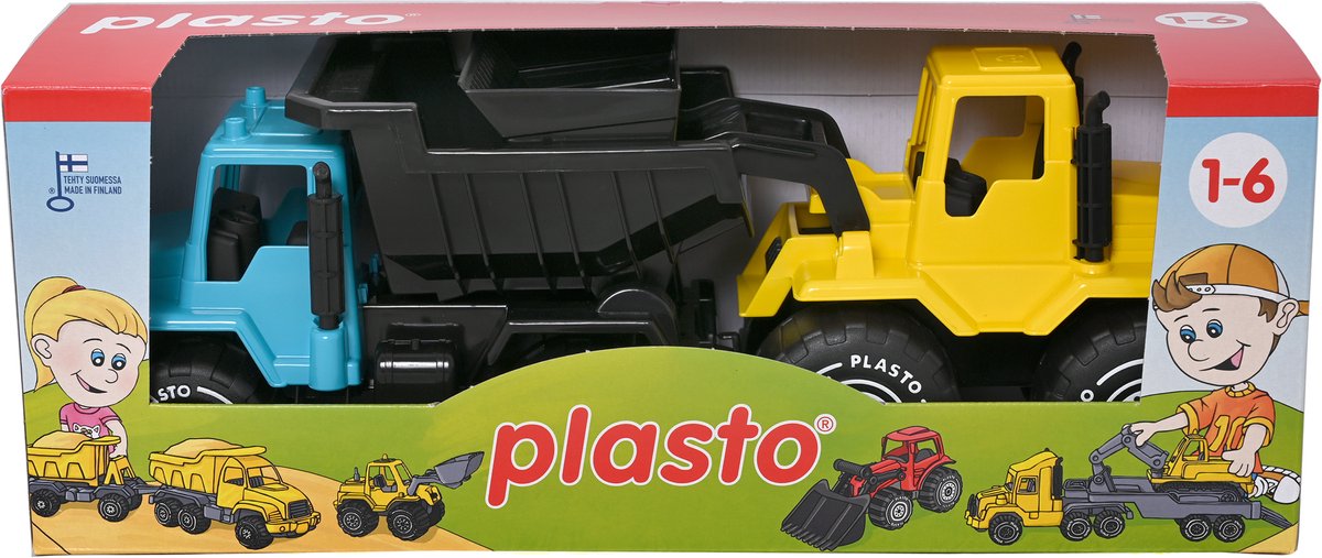 Plasto dump truck and bulldozer yellow blue 30 cm - toy vehicle - set of 2x 30 cm - dump truck and bulldozer - construction vehicles - BPA free - made in Finland - from 1 year