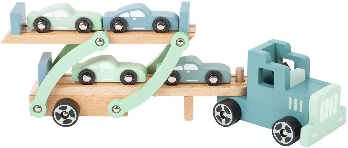 Transportador de camiones de madera de pie pequeño Chicago con automóviles, 9dlg.