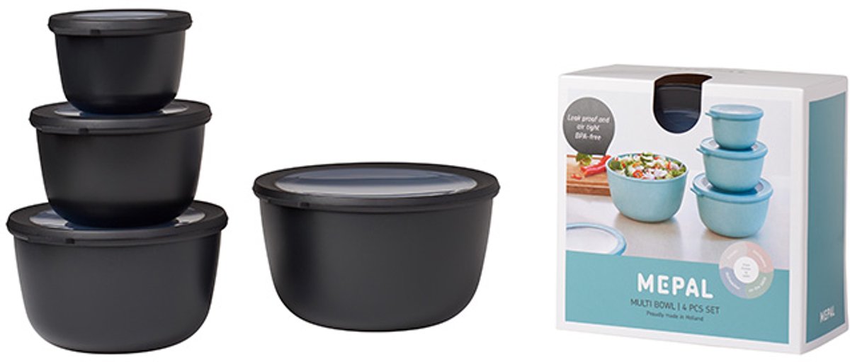 Mepal - juego de cajas de almacenamiento de alimentos cirqula con cuencos múltiples - 500 + 1000 + 2000 + 3000 ml - redondo - negro nórdico