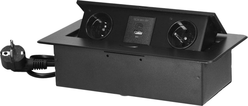 Regleta de escritorio Orno con USB A C - regleta emergente con 2 enchufes - enchufe de distribución incorporado con acabado en acero inoxidable - caja de distribución con cable de 1,5 metros - para máx. 3680 vatios - clavija de tierra - negro