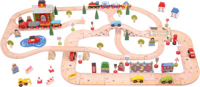 Bigjigs Wooden Train Track y autopases, 105dlg.