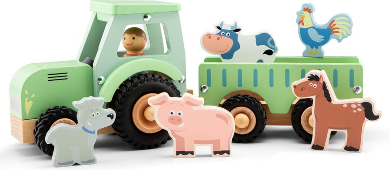Tractor de madera Woet ® con remolque - incluye 5 animales de granja - verde - vehículo de juguete educativo - juguetes para juegos de rol - a partir de 18 meses