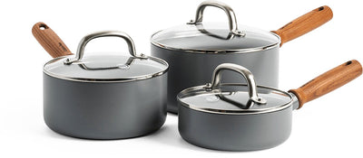 Greenpan mayflower pro ceramic pan set 6-piece - 16, 18 and 20 cm - induction pan set - induction saucepan set - induction saucepan - with glass lids - pfas-free - gray - wooden handle