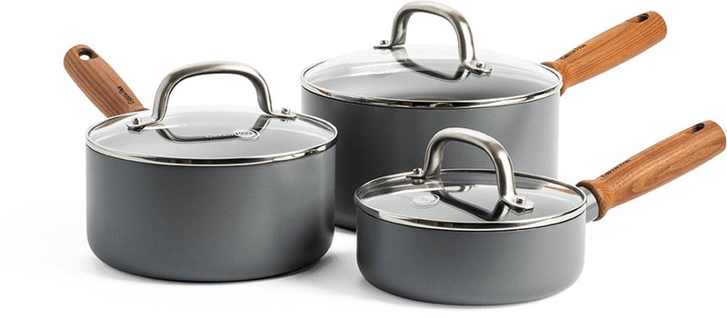 Greenpan mayflower pro set di pentole in ceramica 6 pezzi - 16, 18 e 20 cm - set di pentole a induzione - set di pentole a induzione - pentola a induzione - con coperchi in vetro - senza pfas - grigio - manico in legno