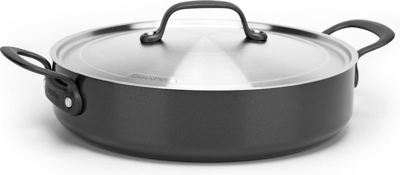 Padella Greenpan Craft in alluminio con coperchio ø30cm - 4,9l - senza pfas - nera - adatta a induzione e lavastoviglie - adatta al forno fino a 220° - alluminio temprato - manici in acciaio inox - superficie di cottura più ampia