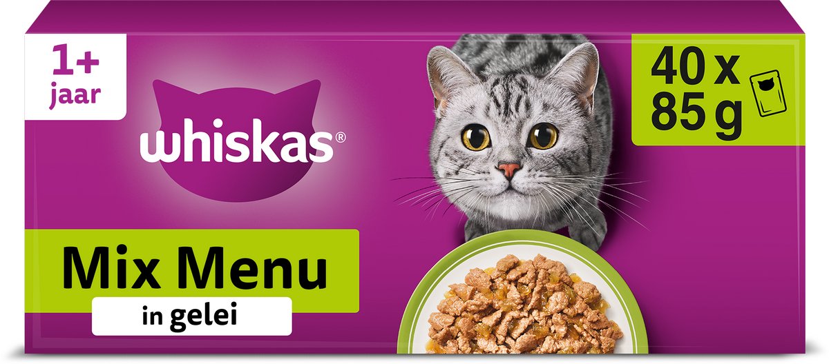 Whiskas 'mixed menu' nat kattenvoer in gelei - rund, kip, zalm tonijn - 40 x 85g