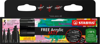 Stabilo free - pennarello acrilico - set punte miste - nero - 3 diverse dimensioni di punta