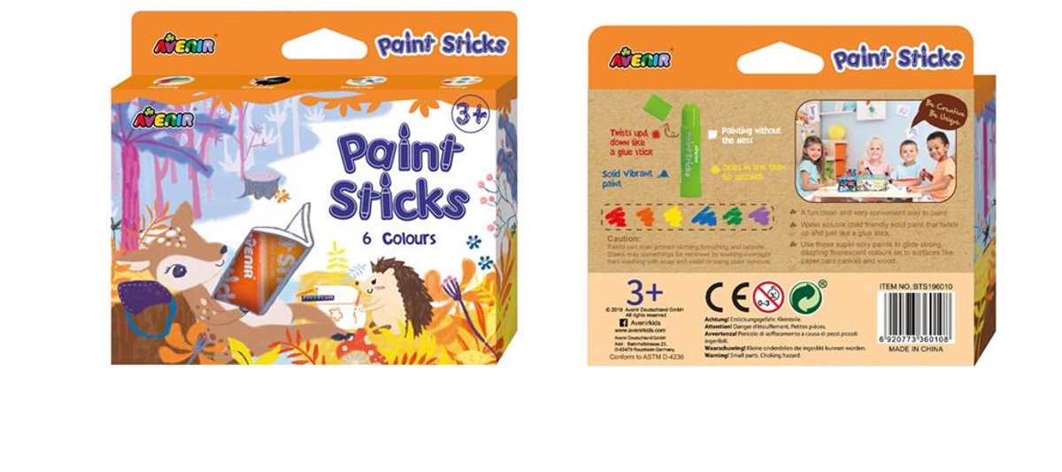 Avenir paint sticks: 6 kleuren, in doos 14.8x2.4cm, 3+