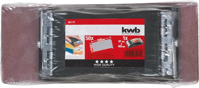 Juego de lijadora manual Kwb de 2 piezas, incluye bloque de lijado con dispositivo de sujeción y tiras de papel de lija de 93 x 230 mm (50 unidades)