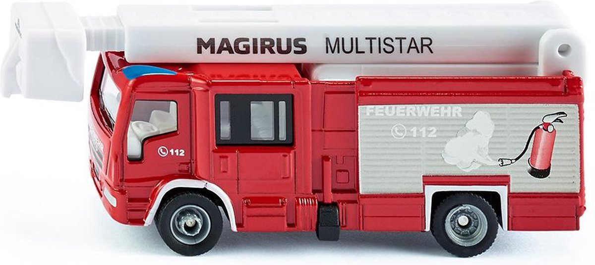 Siku 1749, camión de bomberos magirus multistar tlf con plataforma de trabajo aérea, 1:87, metal plástico, rojo blanco, escalera extensible