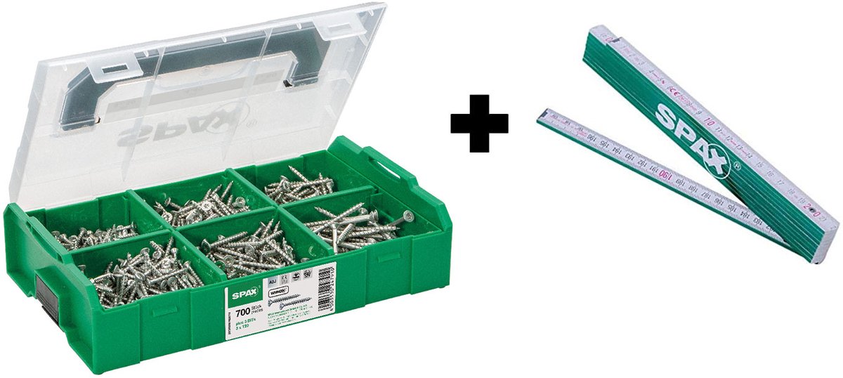 Custodia di montaggio Spax, l-boxx mini, piccola, wirox a9j, t-star plus, testa svasata, 6 dimensioni, 703 pezzi, incl. 3 punte t20 e righello pieghevole - 5000009160049