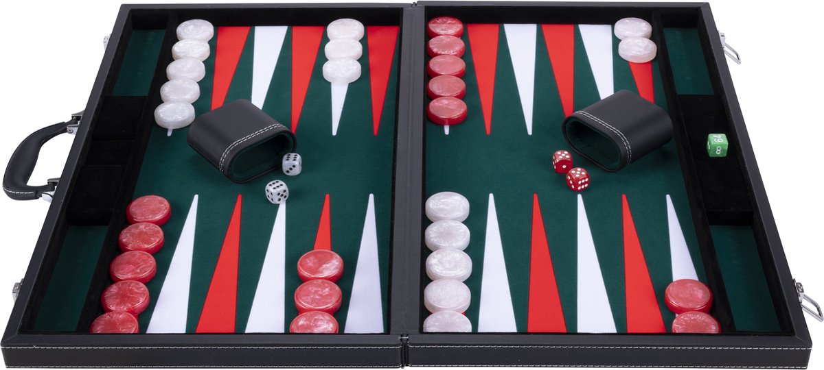 Engelhart backgammon 21 inch - groen, rood wit ingelegd bord - luxe zwarte koffer met handvat -