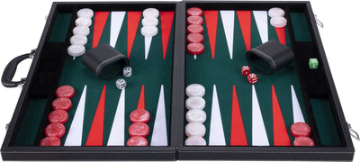 Backgammon Engelhart de 21 pulgadas - tablero con incrustaciones verdes, rojas y blancas - estuche negro de lujo con asa -