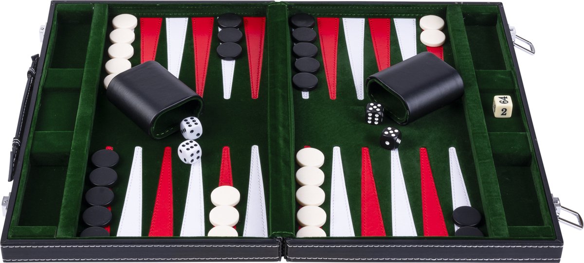 Longfield backgammon 15 inch - groen, rood wit gestikt bord - kunstlederen koffer met handvat - engelhart