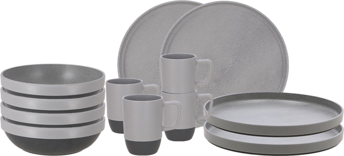 Vajilla de camping Travellife Vita gris de 12 piezas - aspecto cerámico - melamina resistente y resistente a los arañazos