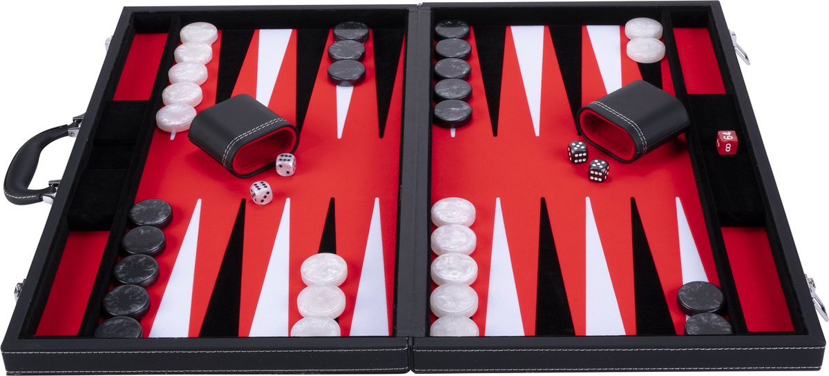 Engelhart backgammon 21 inch - rood, zwart wit ingelegd bord - luxe zwarte koffer met handvat -