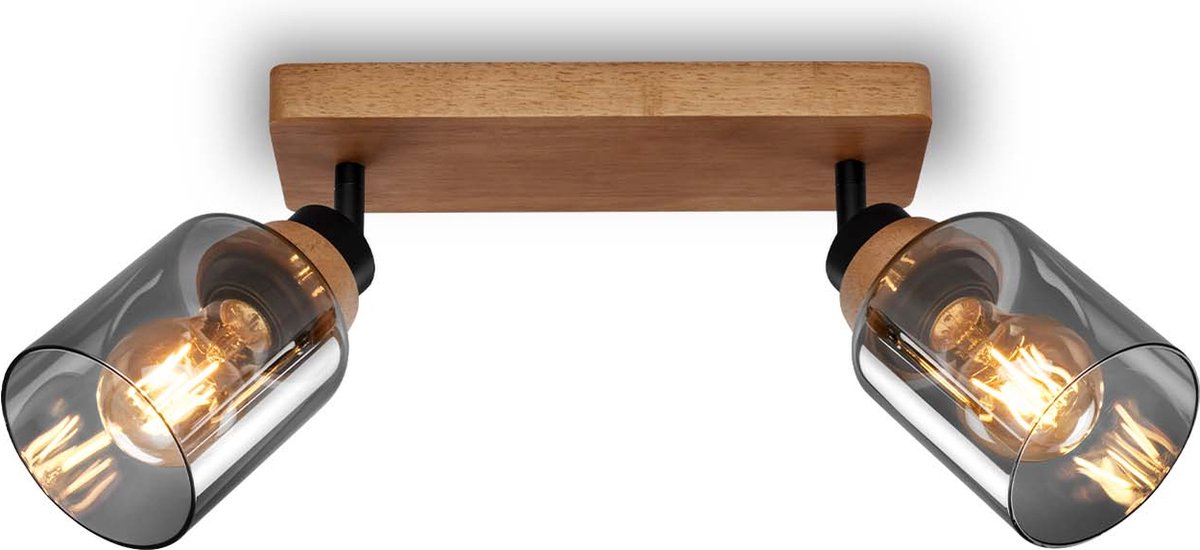 Briloner royk - foco de superficie con cristal ahumado - con madera - foco de techo con 2 casquillos E27 - 28 cm