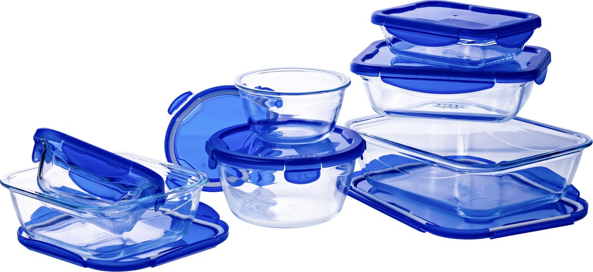 Pyrex - set di ciotole cook go da 7 pezzi - vetro borosilicato - blu trasparente