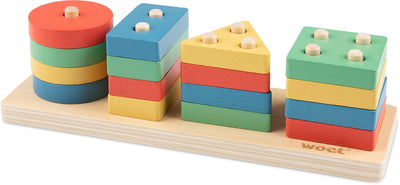 Woet ® Puzzle con forme in legno - gioco geometrico di impilamento e smistamento - impara a colorare le forme - giocattoli educativi - Montessori - da 1 anno