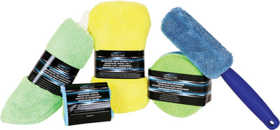 Protecton microfibre set - 9-piece - for cleaning the car, camper or caravan - 3 microfiber cloths - 3 polishing pads - sponge 2 in 1 - washing glove - rim brush