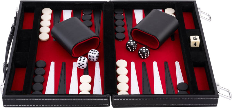 Backgammon Longfield 11 pollici - tavola cucita rossa, nera e bianca - custodia in pelle artificiale con manico - cuore d'angelo